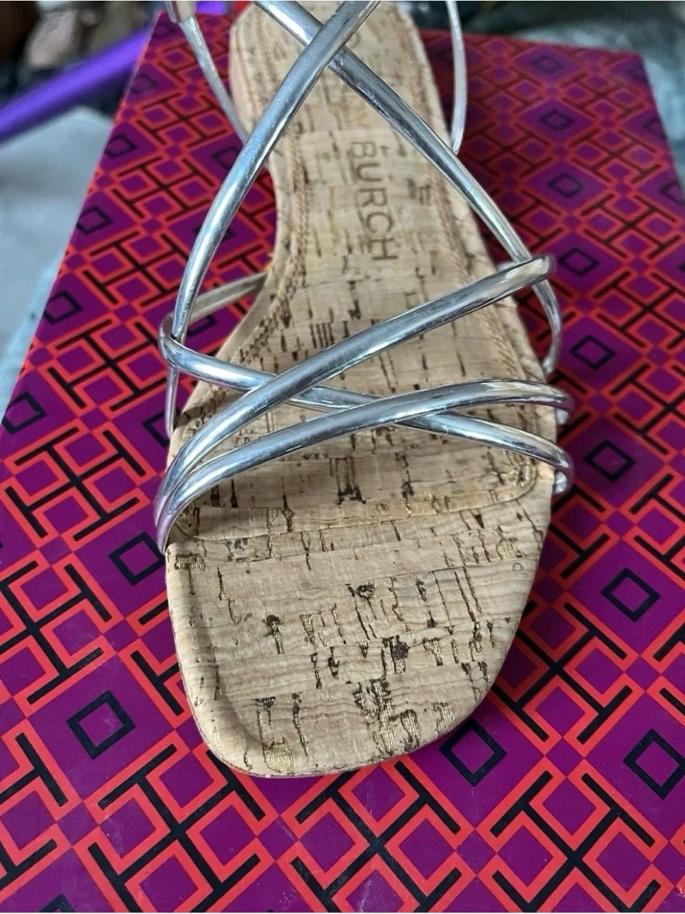 Tory Burch Penelope Cork Silver Strappy Sandal Size 6M Low Heel 74013- NEW!